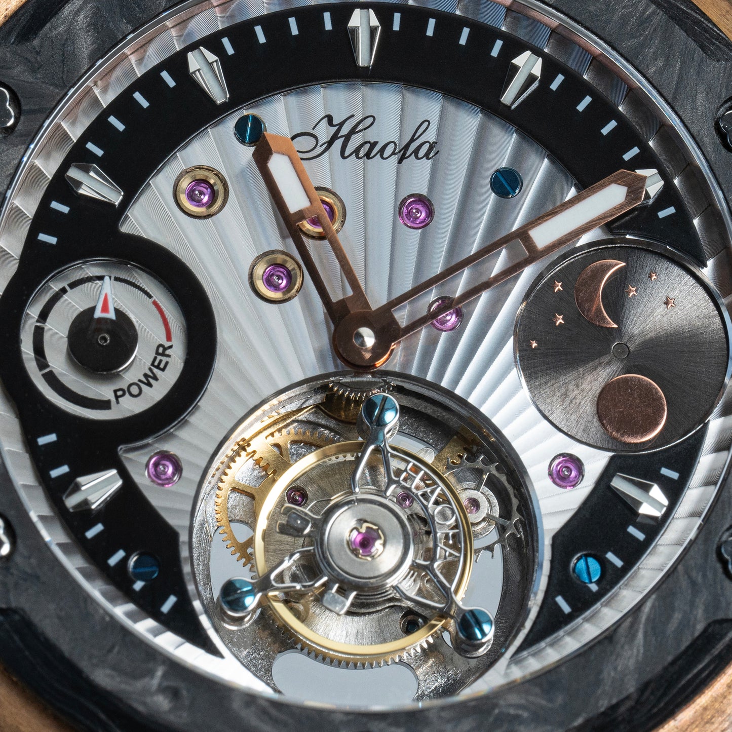 Haofa Tin Bronze Case carbon fiber bezel Luxury GMT Tourbillon Power Reserve Display 1915T