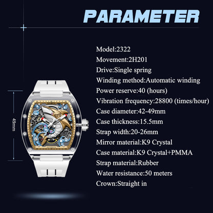 Haofa 2322 3D Crazy Shark Transparent Crystal Super Luminous Automatic Winding 40H Watch