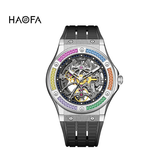 HAOFA Automatic Sapphire Mechanical Rainbow Watch Luxury Skeleton Rhinestone Case Waterproof 1913S