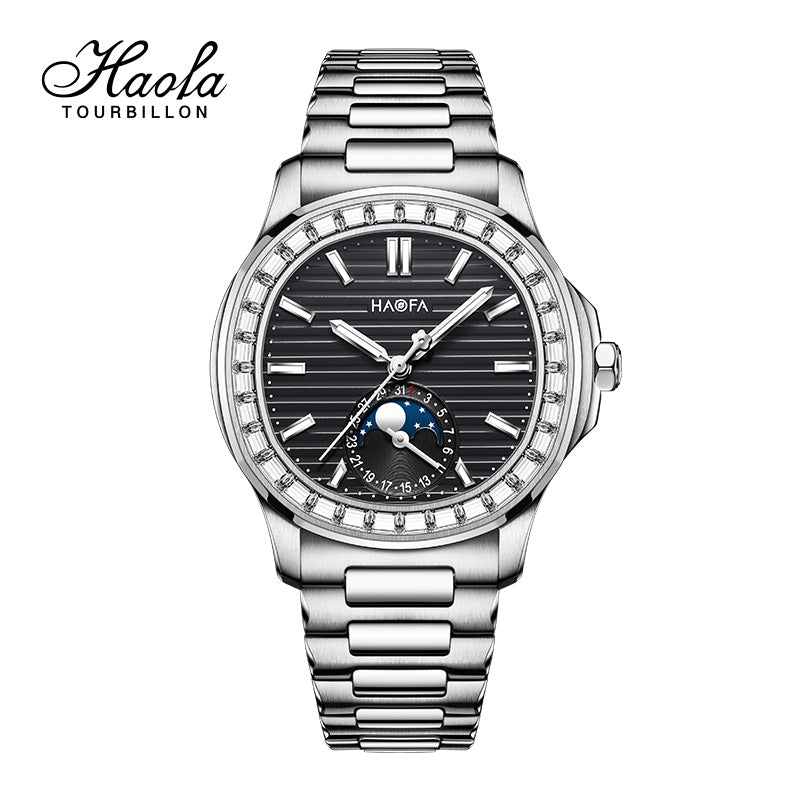 Haofa 2291 Automatic Movement Calendar Display Moon Phase Diamond Bezel Mens Watch