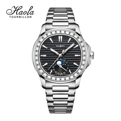 Haofa 2291 Automatic Movement Calendar Display Moon Phase Diamond Bezel Mens Watch