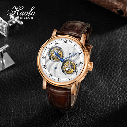 Hoafa Luxury Double Tourbillon and one Carrousel Flywheel Tourbillon Mechanical Karat Watch For Men Sapphire 18K Real Gold  Mens Watch Limited Edition K001