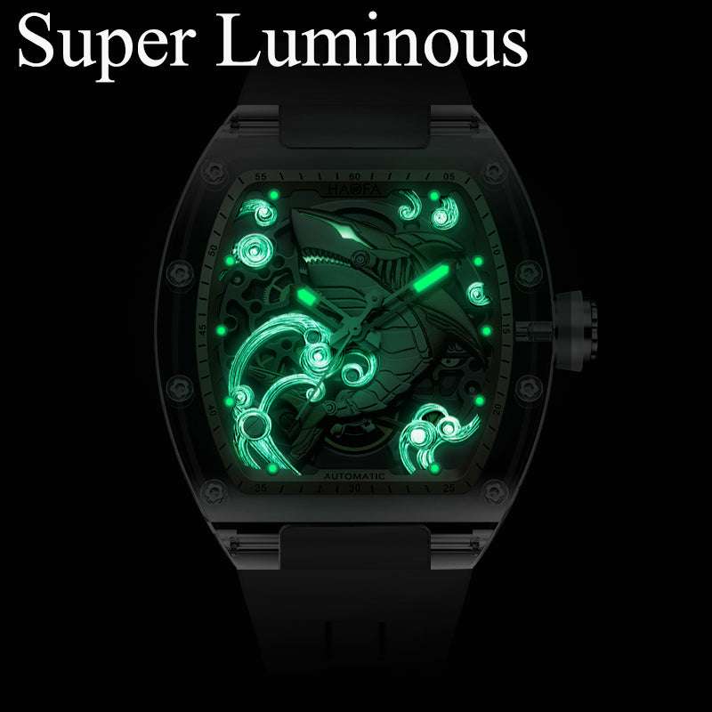 Haofa 2322 3D Crazy Shark Transparent Crystal Super Luminous Automatic Winding 40H Watch