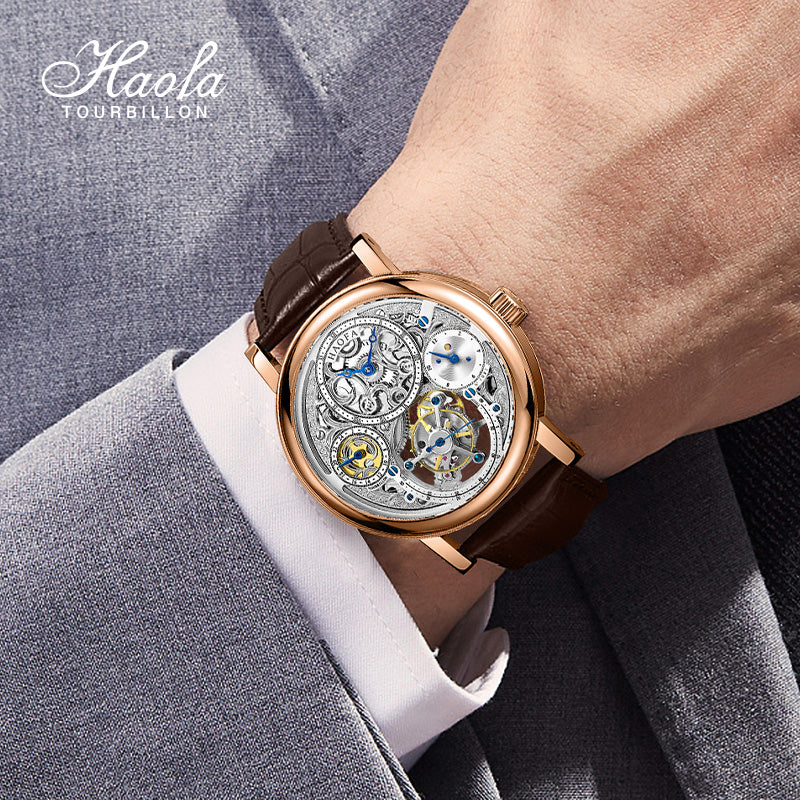 Haofa K012 Skeleton Carving 12 Hour And 24 Hour Display Dial 18K Manual Tourbillon Watch