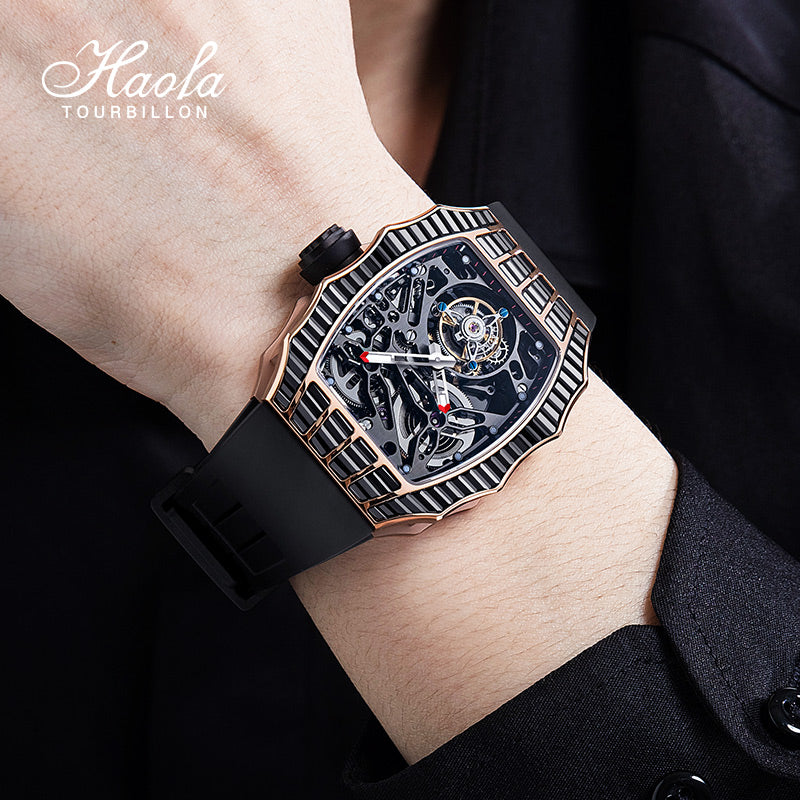 HAOFA TRAPEZOIDAL BLACK WHITE CRYSTAL AUTOMATIC TOURBILLON WATCH 2310