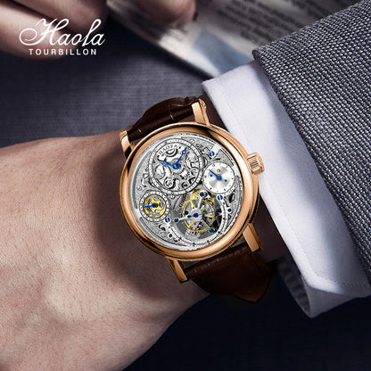 Haofa K012 Skeleton Carving 12 Hour And 24 Hour Display Dial 18K Manual Tourbillon Watch