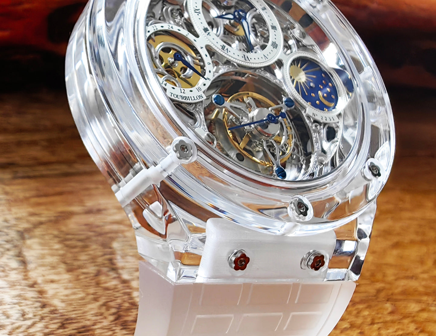 Haofa K9 Crystal Case Skeleton Tourbillon GMT Watch 2231