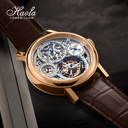 Haofa K012 Skeleton Carving 12 Hour And 24 Hour Display Dial 18K Manual Tourbillon Watch