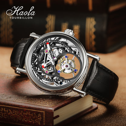 Haofa 1603 CNC Engraving Flying Tourbillon Skeleton Dial Manual Winding Watch