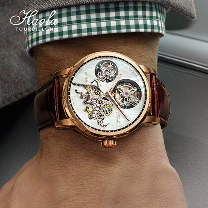 Haofa 005 Flying Double Tourbillon Pearl Dial Taurus 42H Manual Wind Watch