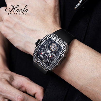 HAOFA TRAPEZOIDAL BLACK WHITE CRYSTAL AUTOMATIC TOURBILLON WATCH 2310