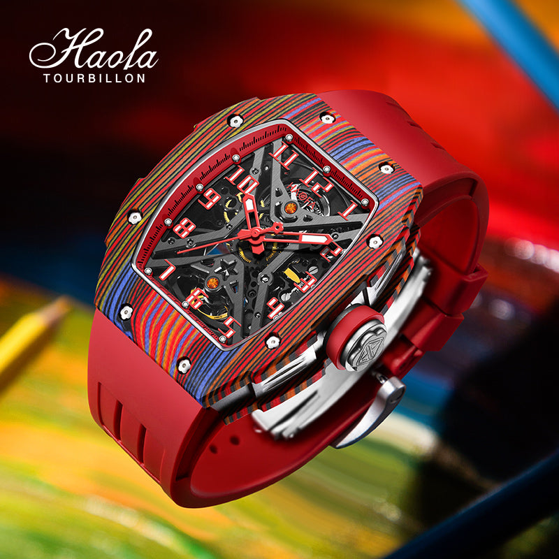 Haofa 1975 Colorful Carbon Fiber Case Automatic Movement 80H Power Reserve Skeleton Sapphire Crystal Wrist Watch