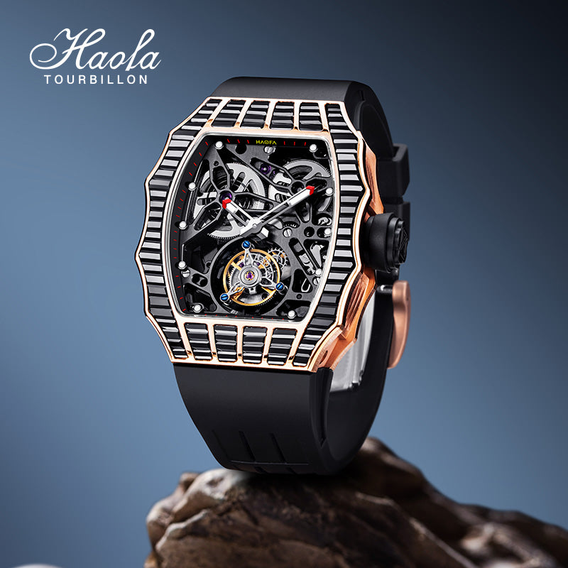 HAOFA TRAPEZOIDAL BLACK WHITE CRYSTAL AUTOMATIC TOURBILLON WATCH 2310