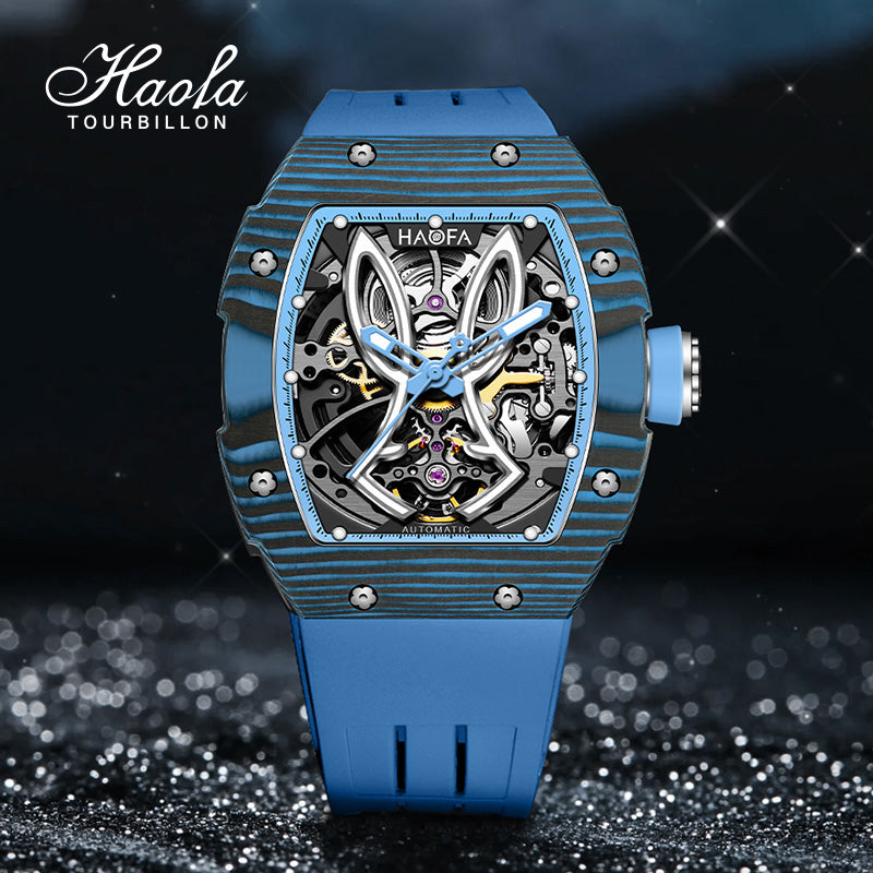 HAOFA 1985 Carbon Fiber Automatic Mechanical Rabbit Watches 80H Power Reserve Super Luminous