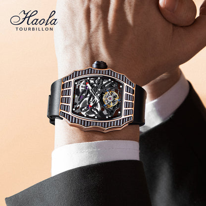 HAOFA TRAPEZOIDAL BLACK WHITE CRYSTAL AUTOMATIC TOURBILLON WATCH 2310