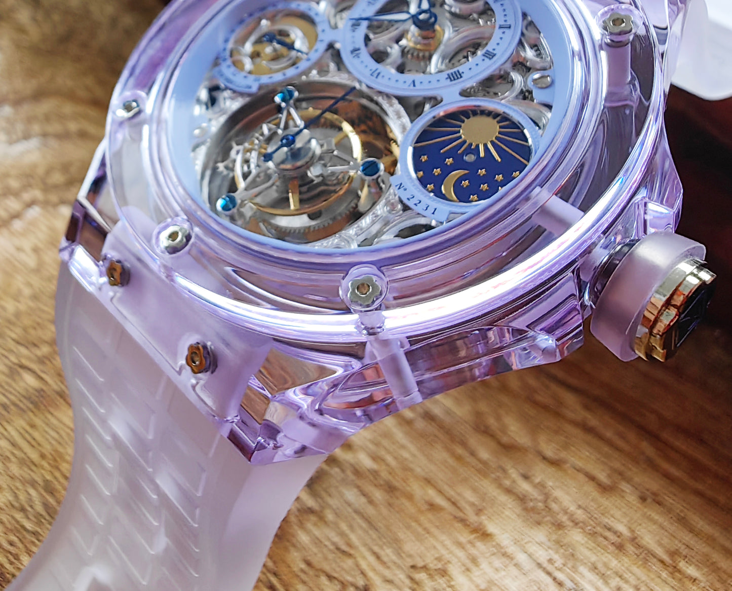 Haofa K9 Crystal Case Skeleton Tourbillon GMT Watch 2231