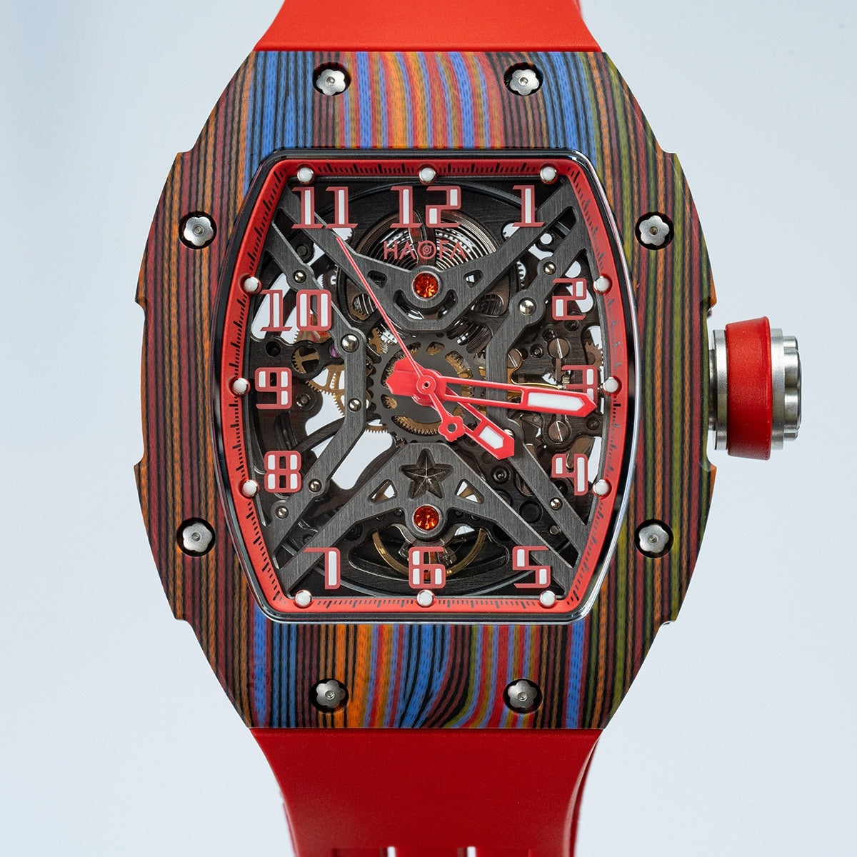 Haofa 1975 Colorful Carbon Fiber Case Automatic Movement 80H Power Reserve Skeleton Sapphire Crystal Wrist Watch