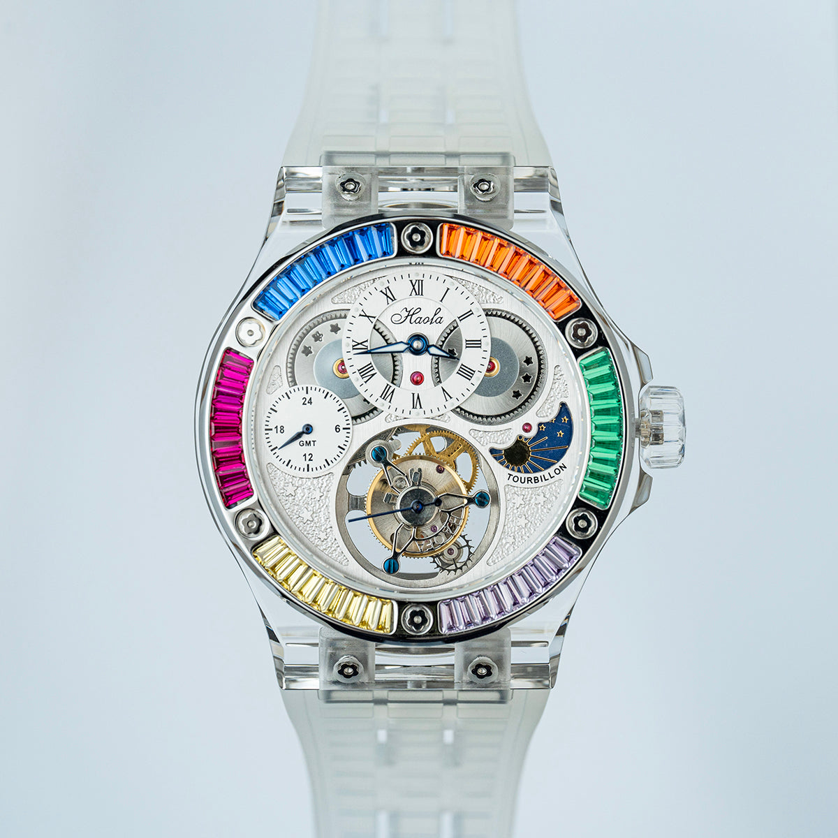 Haofa Crystal Case Skeleton Tourbillon GMT Watch 2101