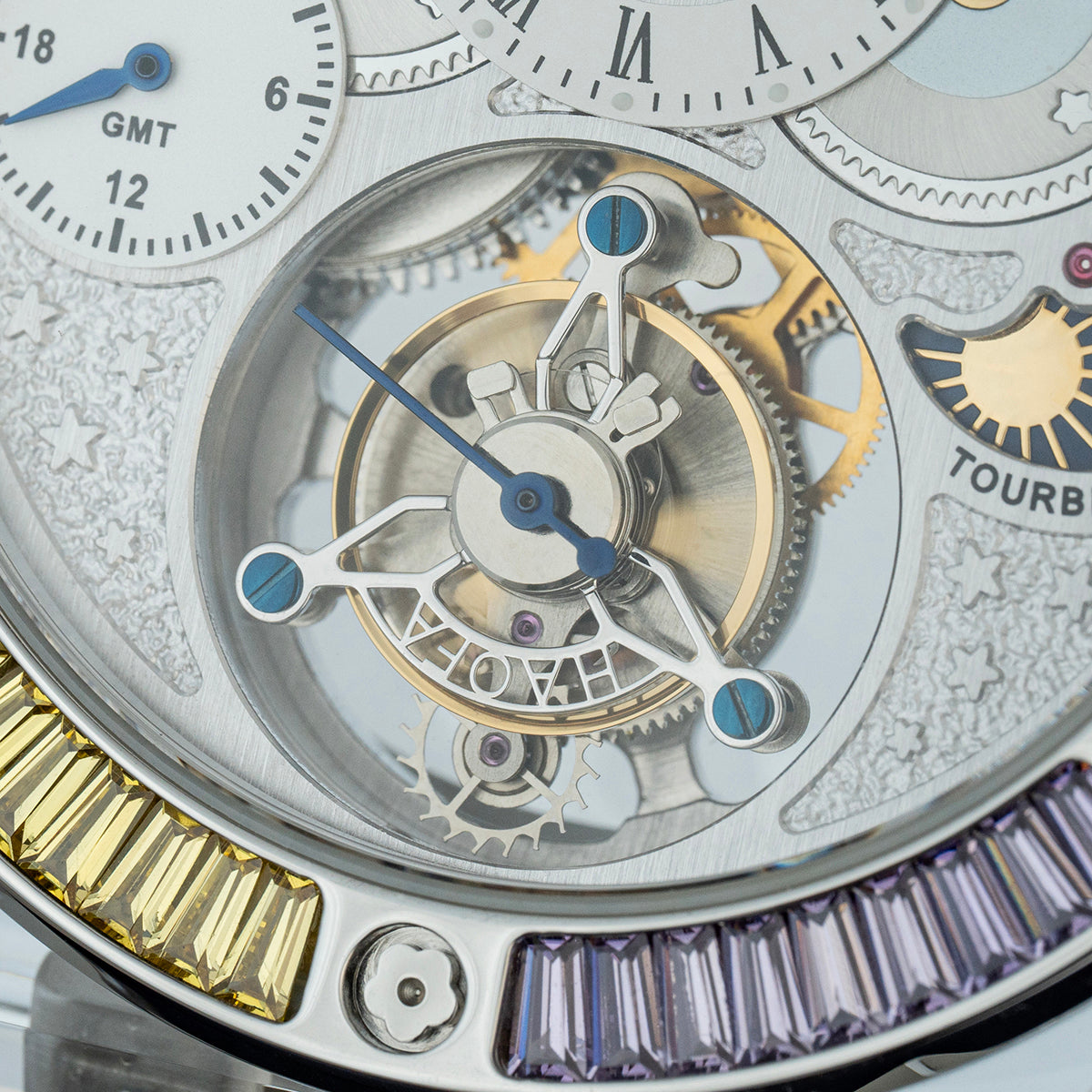Haofa Crystal Case Skeleton Tourbillon GMT Watch 2101