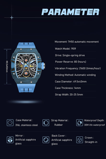 Haofa Men Skeleton Automatic watch NTPT Carbon Fiber Bezel Super luminous 80 hours power 1909