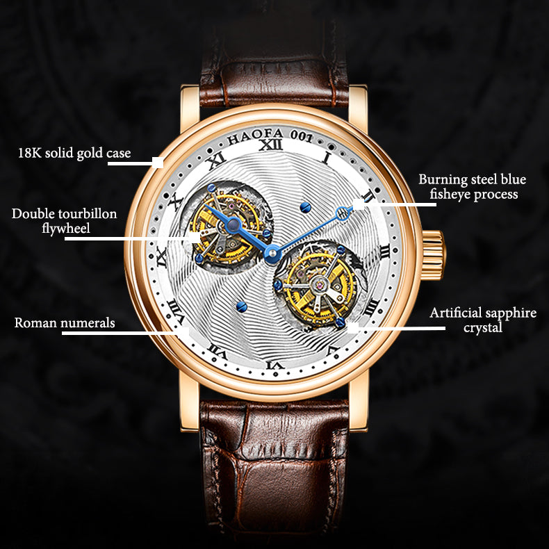 Hoafa Luxury Double Tourbillon and one Carrousel Flywheel Tourbillon Mechanical Karat Watch For Men Sapphire 18K Real Gold  Mens Watch Limited Edition K001