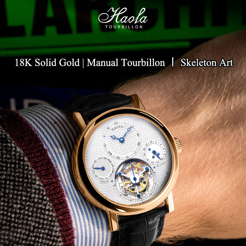 Haofa K009 18K GMT Month Display Tourbillon Watch Multi-layered Textured Dial Manual winding Movement Luxury Watches