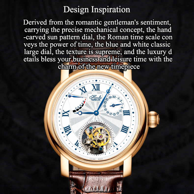 Haofa K010 18K Sunburst Roman Dial Calendar Power Reserve Display Tourbillon Watch