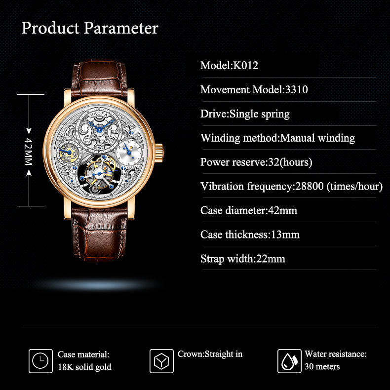 Haofa K012 Skeleton Carving 12 Hour And 24 Hour Display Dial 18K Manual Tourbillon Watch