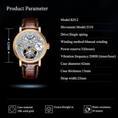 Haofa K012 Skeleton Carving 12 Hour And 24 Hour Display Dial 18K Manual Tourbillon Watch