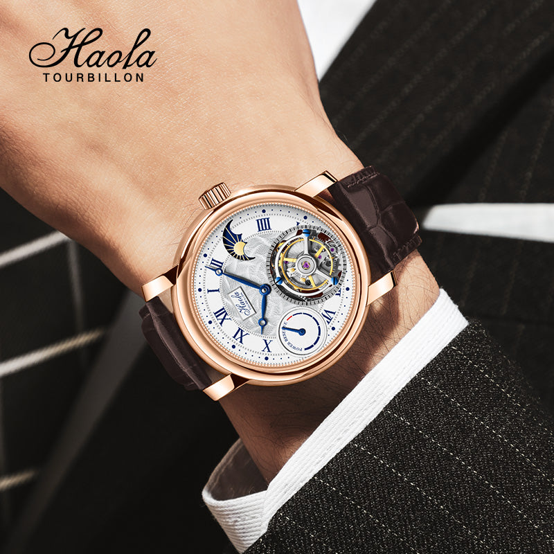 Haofa K013 18K Guilloche Sun And Night 80H Power Reserve Display Dial Manual Tourbillon Watch