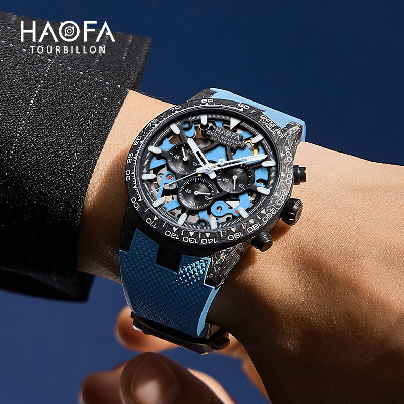 HAOFA 2367 3D Skeleton Automatic Chronograph Movement Full Carbon Fiber Screw-in crown Watch