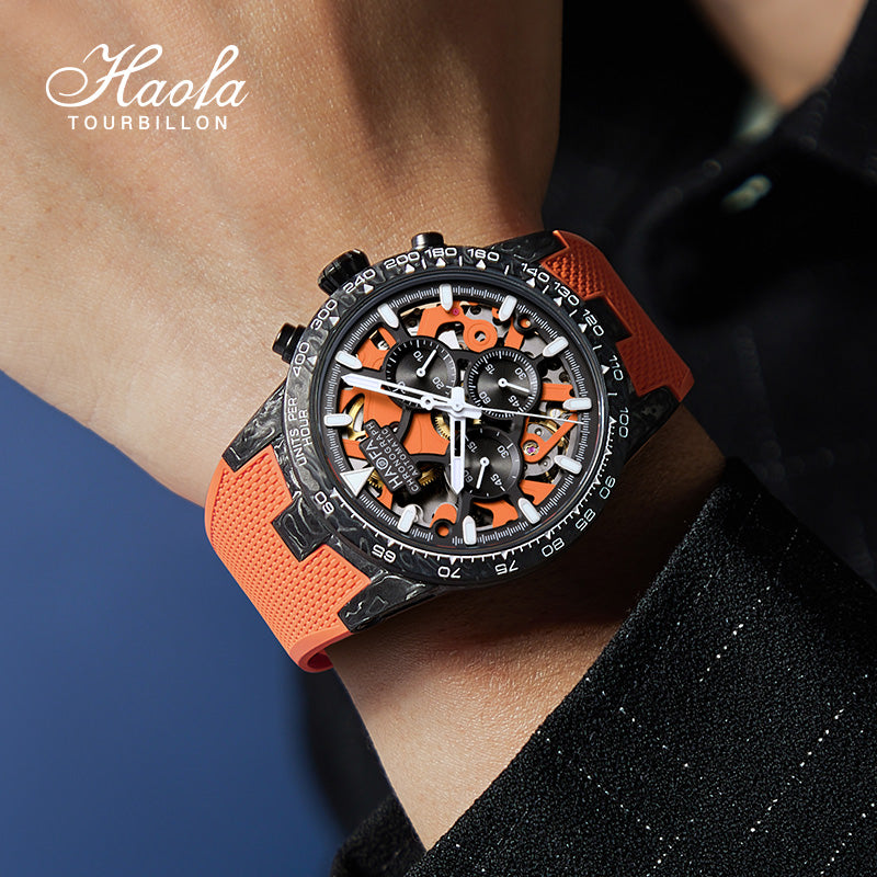 【Pre-sale】HAOFA 2367 3D Skeleton Automatic Chronograph Movement Full Carbon Fiber Screw-in crown Watch