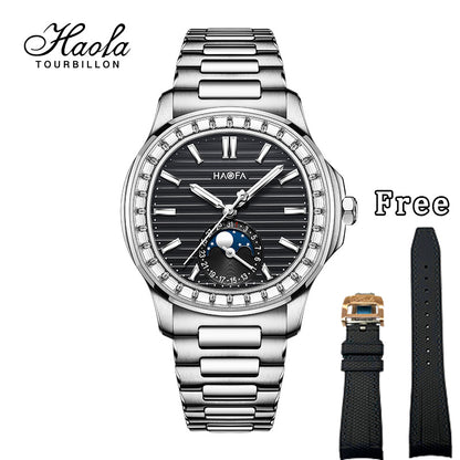 Haofa 2291 Automatic Movement Calendar Display Moon Phase Diamond Bezel Mens Watch