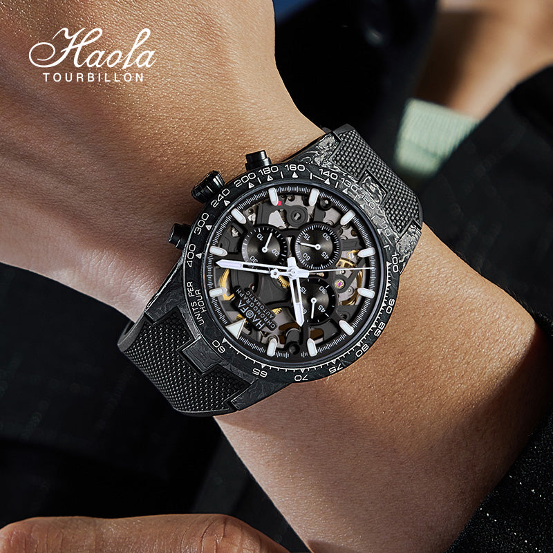 【Pre-sale】HAOFA 2367 3D Skeleton Automatic Chronograph Movement Full Carbon Fiber Screw-in crown Watch