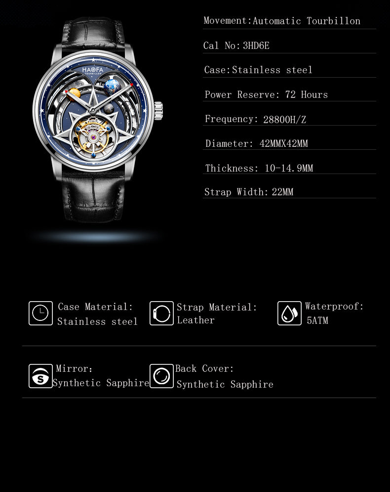 HAOFA 3D Galaxy double barrel Automatic Tourbillon (Gift Crystal Galaxy ball ) Model 2268