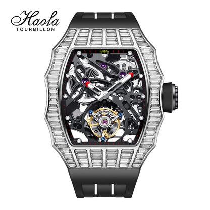 HAOFA TRAPEZOIDAL BLACK WHITE CRYSTAL AUTOMATIC TOURBILLON WATCH 2310