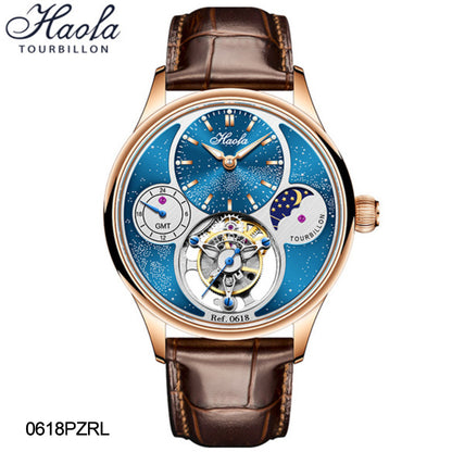 Haofa Luxury Skeleton Tourbillon Watch GMT Moonphase Wristwatches 0618