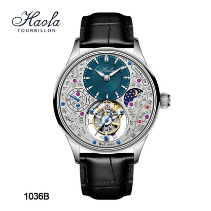 HAOFA GMT Luxury Tourbillon Mechanical Mens Watch Sapphire Moonphase 1036