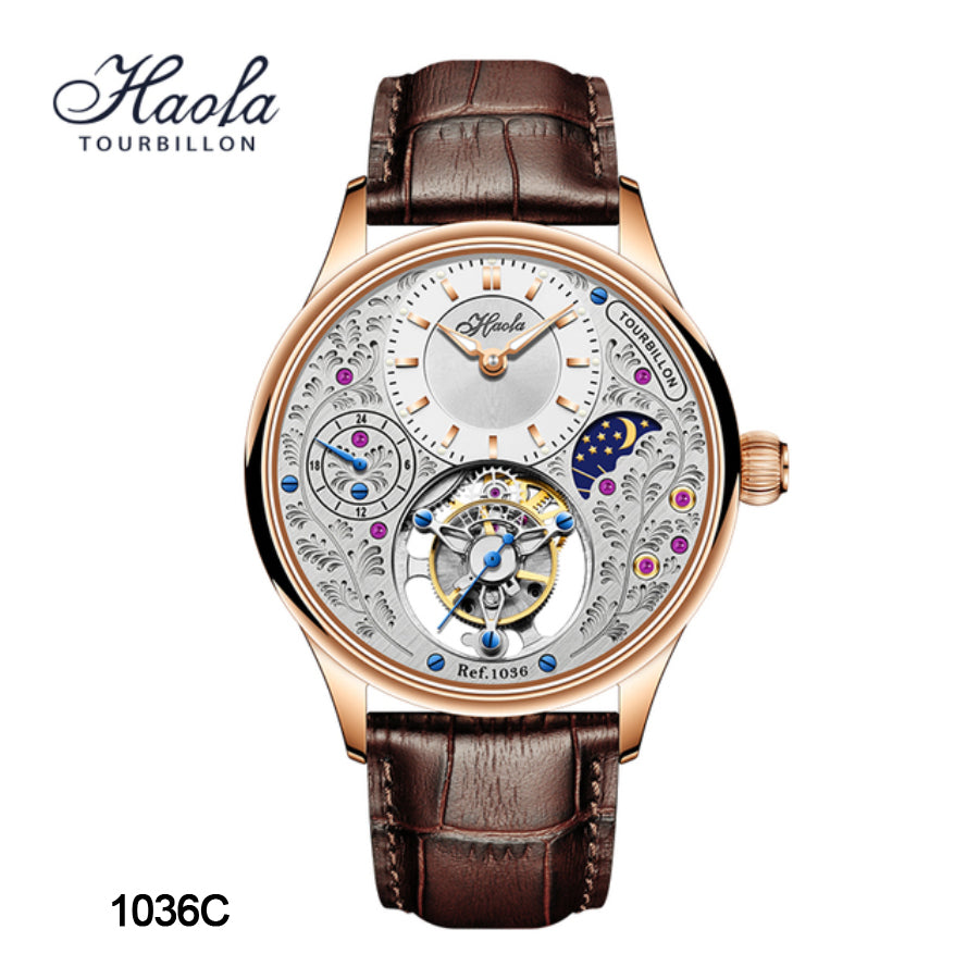 HAOFA GMT Luxury Tourbillon Mechanical Mens Watch Sapphire Moonphase 1036