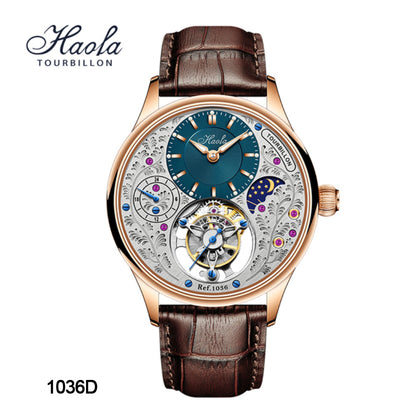 HAOFA GMT Luxury Tourbillon Mechanical Mens Watch Sapphire Moonphase 1036