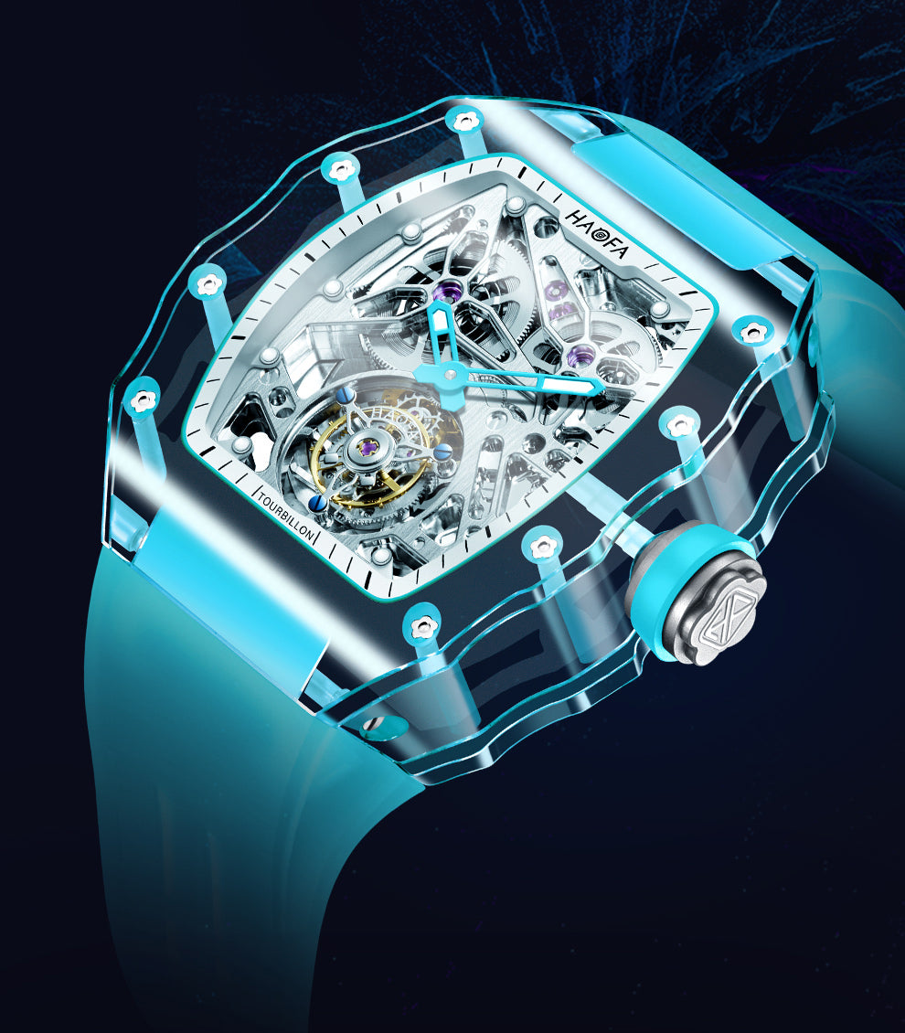 HAOFA K9 Color CRYSTAL CASE SKELETON Automatic TOURBILLON double barrel WATCH 2201-1