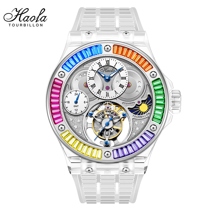 Haofa Crystal Case Skeleton Tourbillon GMT Watch 2101