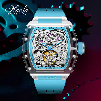 HAOFA High hardness CRYSTAL CASE SKELETON Automatic TOURBILLON double barrel WATCH 2201