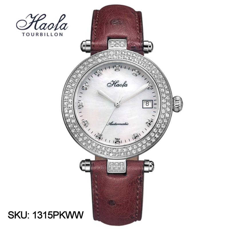 Haofa Automatic Sapphire Date Rhinestone Pearl Shell Dial Ladies Watch Bamboo Calfskin Strap 1315