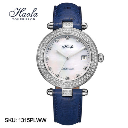 Haofa Automatic Sapphire Date Rhinestone Pearl Shell Dial Ladies Watch Bamboo Calfskin Strap 1315