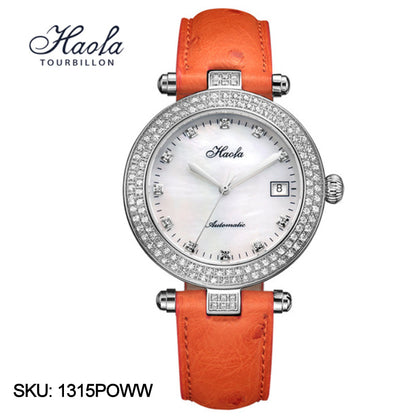 Haofa Automatic Sapphire Date Rhinestone Pearl Shell Dial Ladies Watch Bamboo Calfskin Strap 1315