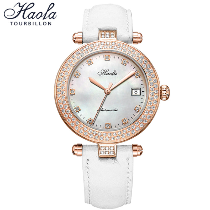 Haofa Automatic Sapphire Date Rhinestone Pearl Shell Dial Ladies Watch Bamboo Calfskin Strap 1315