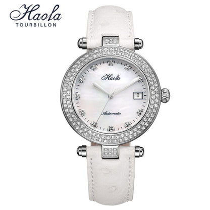 Haofa Automatic Sapphire Date Rhinestone Pearl Shell Dial Ladies Watch Bamboo Calfskin Strap 1315