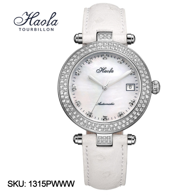 Haofa Automatic Sapphire Date Rhinestone Pearl Shell Dial Ladies Watch Bamboo Calfskin Strap 1315