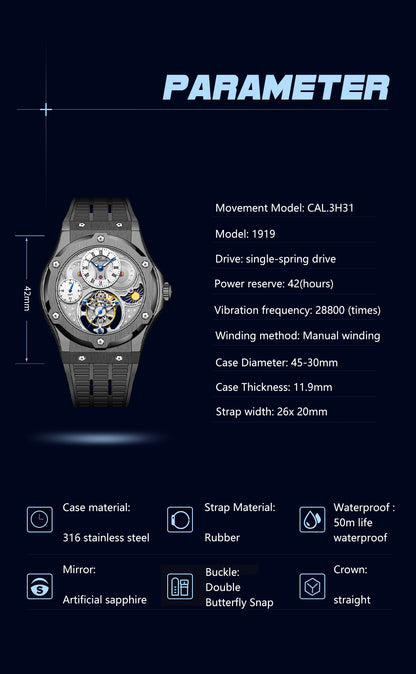 HAOFA GMT Flying  Manual Tourbillon Sapphire Mirror Watches 1919